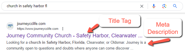 Good design of a church website - title and description tags in search results